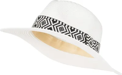 Produktbild von styleBREAKER Damen Panama Sonnenhut Einfarbig mit Stoff Hutband mit Azteken Muster, Strohhut, Schlapphut, Sommerhut, Fedora Hut 04025046