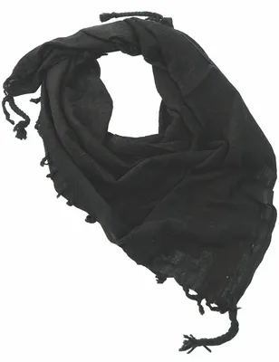 A black scarf with tassels, laid out on a white background.