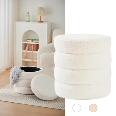 Produktbild von Teddy Hocker mit Stauraum Rund Sitzhocker Aufbewahrungshocker für Wohnzimmer Schlafzimmer Φ38x40,Weiß
