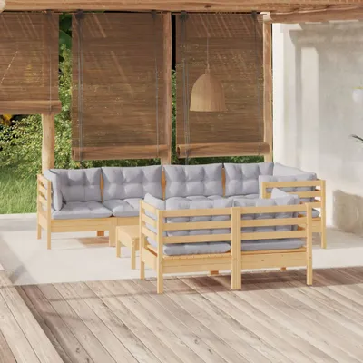 Produktbild von [Home] 8-tlg. Garten-Lounge-Set mit Grauen Kissen Kiefer Massivholz , Neue Mode 2024 im häuslichen Leben