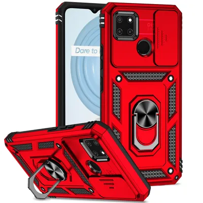 Immagine prodotto di Custodia per OPPO Realme C21Y/C25Y a doppio strato con copertura scorrevole della fotocamera e supporto ad anello rosso