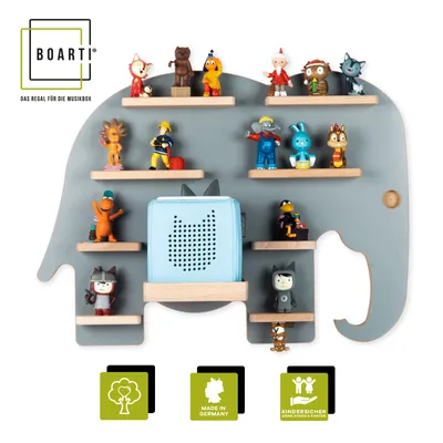 Produktbild von BOARTI Kinderregal Tier Elefant | hängend für Toniebox und Tonie Figuren | platzsparendes Regal | H. 40 x B. 54 x T. 19 | Wandregal für Musikbox Figuren Aufbewahrung Magneteinsätzen | Aufbewahrungsregal Holz