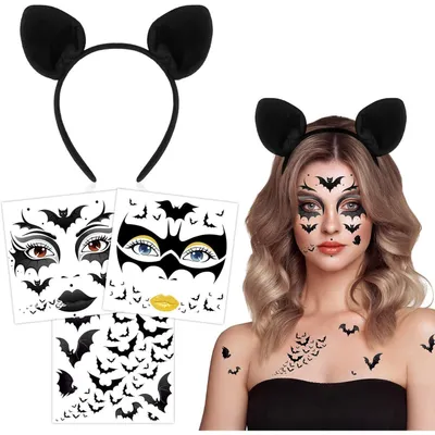 Productafbeelding van Vleermuis haarband & Halloween tijdelijke tatoeages voor dames en heren. 1 haarband, 4 tatoeages