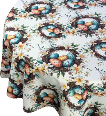 Produktbild von Tischdecke Fleckenabweisende Ostern Druck Runde Osterkränze Bunte Ostereier Blumen Durchmesser: Ø 130 cm