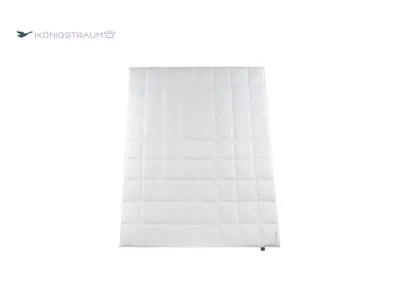 A white duvet is laid flat on a white background, with a logo in the top left corner.