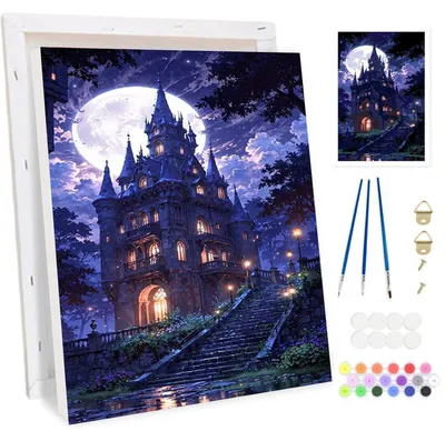 Produktbild von Malen nach Zahlen Set Halloween Schloss für Erwachsene mit Rahmen 20x30cm
