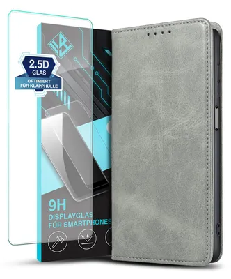 Produktbild von Handyhülle für Samsung Galaxy A16 / A16 5G mit 9H Displayglas Kunstleder Flip Cover Hülle Klapphülle Case Kartenfach Farbe: Grau
