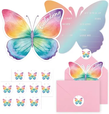 Produktbild von Einladungskarten mit Schmetterlingsmotiv – Set mit 12 Stück – Kindergeburtstag – Für Mädchen – Mit Umschlägen und Aufklebern – Geburtstagskarten