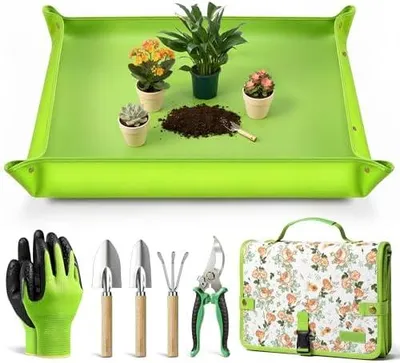 Produktbild von Grenebo Gartenger?te-Set, 7-teiliges Handwerkzeug-Set mit Pflanzmatte und Werkzeugtasche, Edelstahl-Gartenger?te zum Umpflanzen von Sukkulenten und Bonsai-Pflanzen