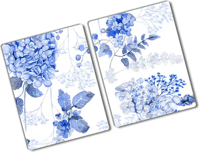 Produktbild von Tulup Glas Herdabdeckplatte - 2x40x52 cm - Glaskeramikkochfeld-Abdeckung Spritzschutz Glasabdeckplatte Kochplattenabdeckung und Schneidebrett - Zweiteilig - Blumen & Pflanzen - Blumenmuster - Blau