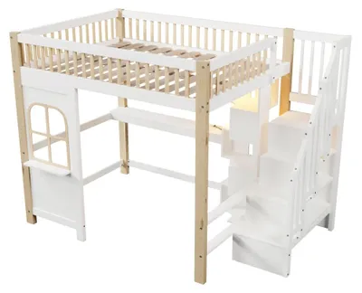 Immagine prodotto di Letto a soppalco multifunzione - 140 x 200 cm - Illuminazione a LED - Scrivania integrata - Spazio contenitivo - Bianco/Naturale - Senza materasso