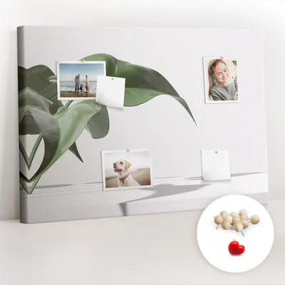 Obrázek produktu pro Korková nástěnka s kolíčky - Tabule s kolíky pro fotografie a poznámky - 100x70 cm - Připínáčky dřevěné 100 kusů - Abstraktní listy
