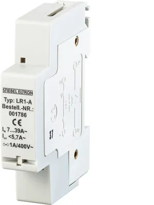 A close-up, studio shot of a white electrical component, likely a circuit breaker or relay, mounted on a DIN rail clip.