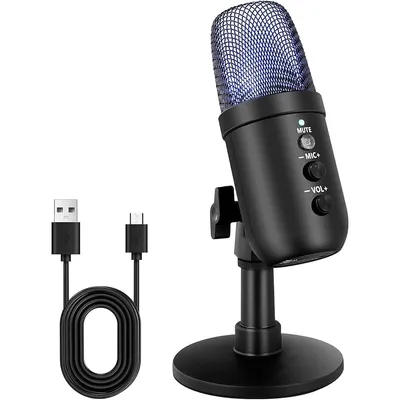 Produktbild von USB Computer Mikrofon mit RGB Licht, einfache Bedienung, mit Mute-Taste und Kopfhöreranschluss
