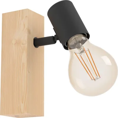 Produktbild von EGLO Wandlampe Townshend 3, Vintage Wandleuchte im Industrial Design, Retro Lampe aus Stahl und Holz, Farbe Schwarz, braun, E27,