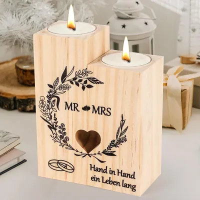 Produktbild von Hochzeitsgeschenk Kerzenständer Holz Mr und Mrs Personalisiert