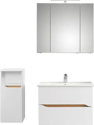 Produktbild von Badezimmer Set, 3-teilig, mit Keramik Waschbecken QUEIMADOS-66 in Weiß Glanz mit Weiß Hochglanz, B/H/T ca. 110/200/45 cm