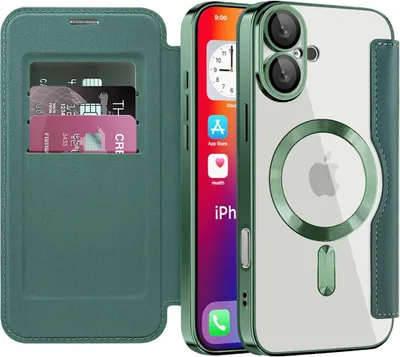 Produktbild von Klapphülle für iPhone 16 Plus Kompatibel mit Magsafe, Klar Überzug Kartenhalter Ledertasche mit Kameraschutz Grün