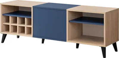 Obrázok produktu pre komodee Fondi Komoda TV Stojan s Vinotékou, Modrá, Svetlé Drevo, s Dverami a 2 Poličkami, 136x35x49 cm, pre Obývačku, Jedáleň a Spálňu