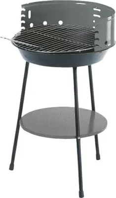 A charcoal grill on a stand against a white background.