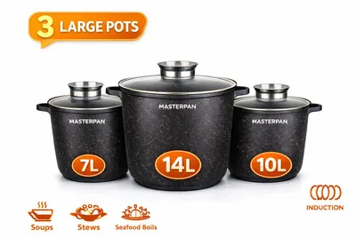 Produktbild von MASTERPAN 6-teiliges Topfset | 7L | 10L | 14L | LARGE POTS | Antihaft | Induktion | mit Deckel | Große Töpfe | Suppentopf | für alle Herdarten | MP2143