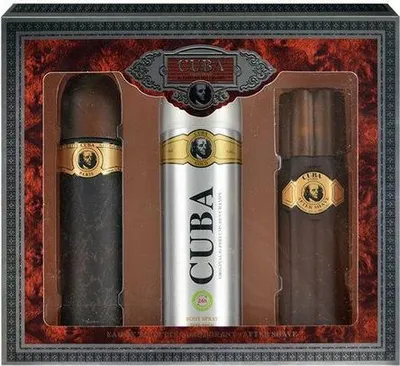 A gift set of Cuba brand men's grooming products, including EDT, aftershave, and deodorant spray, presented in a decorative box.