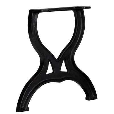 A single black cast iron table leg, shaped like an 'X' or hourglass, is photographed against a white background.