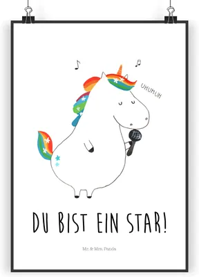 Produktbild von Mr. & Mrs. Panda Bild Einhorn Sänger DIN A4 - Weiß - Geschenk, Konfetti, Wandbild, kunstdruck poster, wanddeko, drucke, wandkunst, Einhörner, Geburtstag, Unicorn