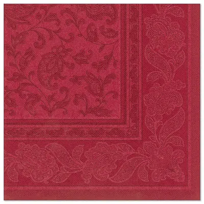 A close-up of a red patterned napkin.