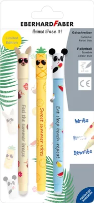 Produktbild von EBERHARD FABER 582184 - Tintenroller radierbar, 3 Animal Erase it Sommermotive, Gelschreiber blau 0,7 mm