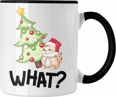 Produktbild von Trendation - Lustige Katzen Tasse Weihnachten Grafik Geschenk für Katzen-Besitzer What? Kaffee-Becher (Schwarz)