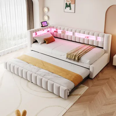 Obrázek produktu pro MODFU Čalouněná postel 90×200 s LED osvětlením, bez matrace, rozkládací postel s úložným prostorem, manželská postel s USB nabíječkou, dřevěná postel s výsuvem, béžová