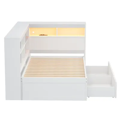 Produktbild von Flieks Tagesbett Holzbett Schlafsofa 90x200cm mit Ladefunktion und LED, Einzelbett Sofabett Daybed mit 2 Schubladen und Regal, Jugendbett Weiß