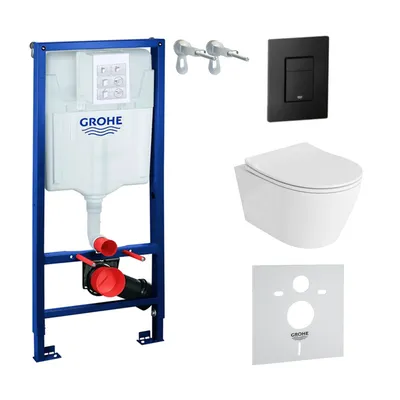 Produktbild von GROHE Vorwandelement Solido + Wand Hänge WC Praia Weiß Spülrandlos + WC-Sitz SoftClose | Schwarzer Knopf | Komplettset | Unterputz Spülkasten | Toilette Komplett Sett