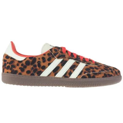A side view of a single Adidas Samba OG sneaker with a leopard print pattern.