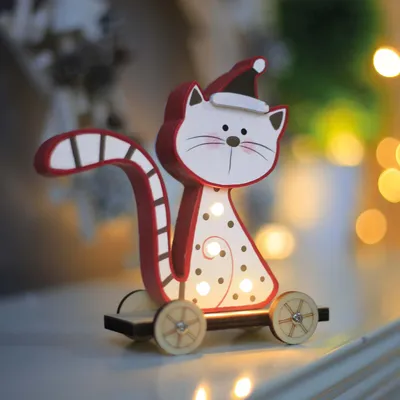 Produktbild von LED Figur Katze Holz beleuchtet 5 LED warmweiß Deko Winter Weihnachten fahrbar