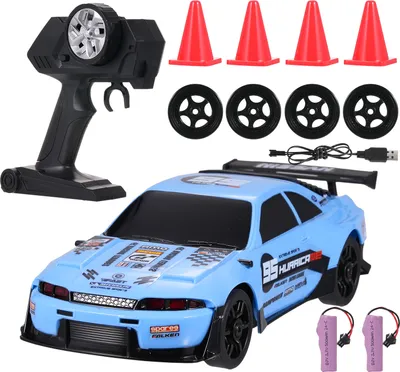 Zdjęcie produktu dla Zdalnie sterowany samochód Zdalnie sterowany samochód do driftu 2,4 GHz 1/24 Samochód wyścigowy 4WD ze światłami LED Opony wyścigowe i do driftu Barykada, niebieski, 2 baterie