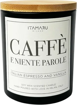 Productafbeelding van Geurkaars koffie en geen woorden van 100% sojawas, met houten lont, zwart glas en deksel van bamboe, 220 g, handgemaakt in Italië