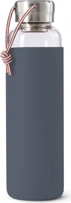A glass water bottle with a gray silicone sleeve and a silver cap, presented on a white background.