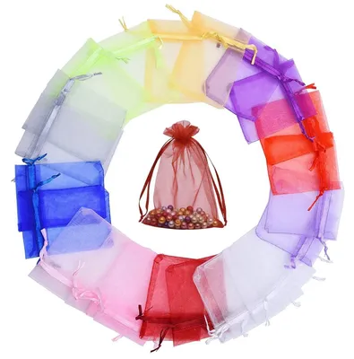 Organza-Beutel 100 Stück, bunt, 7x9 cm, mit Kordelzug