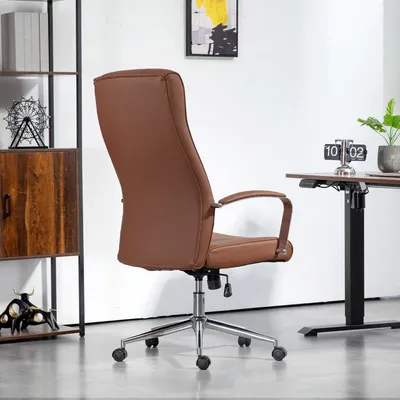 Image de Chaise de bureau ergonomique avec dossier haut – Fauteuil pivotant en similicuir marron foncé avec fonction d'inclinaison