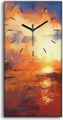 Produktbild von Leinwand Uhr Küche Wohnzimmer Bild 30x60 Gemälde mit Sonnenuntergang am See - schwarze Hände