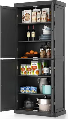 Obrázek produktu pro KOMFOTTEU Vysoká skříňka bufetová s dvojitými dveřmi, kuchyňská skříňka na dřevo, úložná skříňka se 6 nastavitelnými policemi do obývacího pokoje jídelny, 76x40x184,5 cm ochrana proti překlopení (černá)