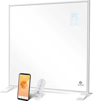 A white infrared heater with a digital display and two accessories (a smartphone and a remote control) in front of it, set against a white background.