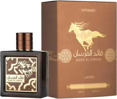 A perfume bottle and its packaging are displayed against a white background.