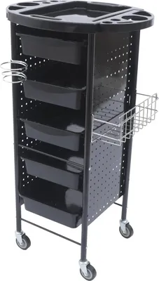 Zdjęcie produktu dla Wózek fryzjerski – wózek salonowy – 4 kółka – metalowa rama – płyta żelazna i tworzywo PP – powierzchnia ocynkowana – montaż – czarny