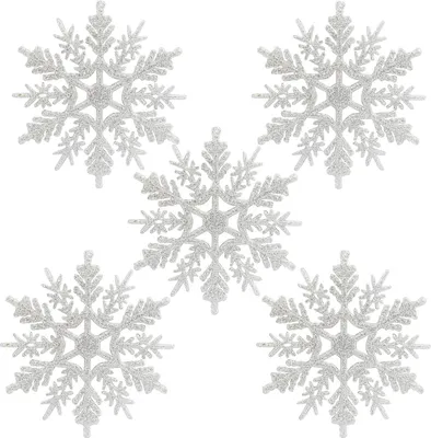 Five silver glitter snowflakes arranged in a cross shape on a white background.