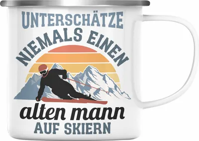Produktbild von Trendation - Ski Fahren Emaille Tasse Geschenk Skifahrer Geschenk Emaille Tasse Lustig Männer Skifahren Witz Spruch Sprüche (Silber)