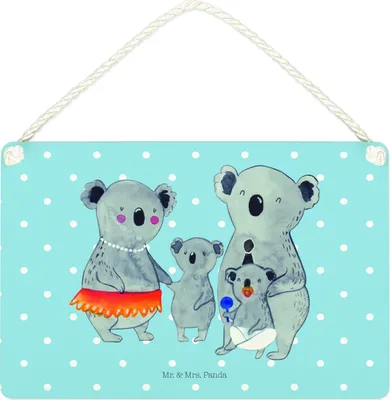 Produktbild von Mr. & Mrs. Panda Holzschild Koala Familie DIN A4 - Blau Pastell - Geschenk, Muttertag, Türschild, wandhänger, Kinder, Geschwister, kleine aufmerksamkeit, Wandbild Holz
