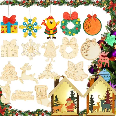 Imagen del producto de Juego de 12 adornos navideños de madera para pintar